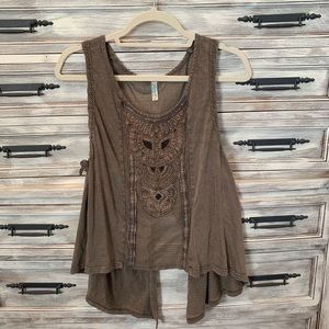 Free People Embellished Rustic Tank w/ Split Back